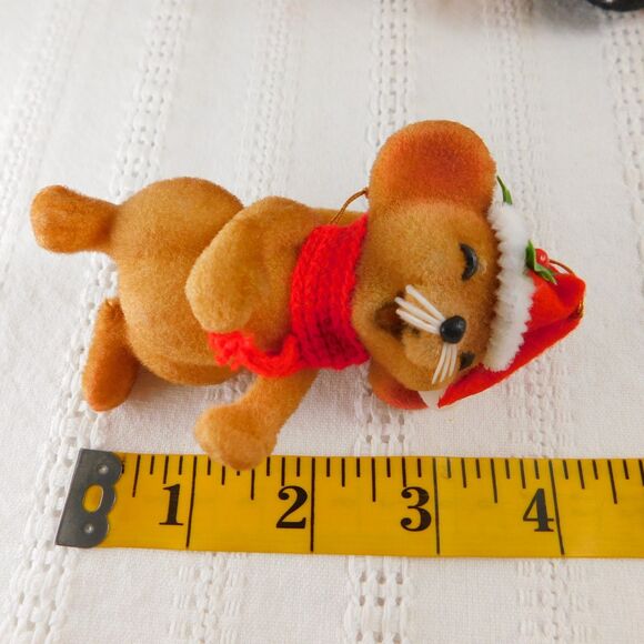 Flocked Christmas Ornaments, Lot of 3 Vintage 1960s Japan Raccoon Mouse Penguin - Picture 6 of 9